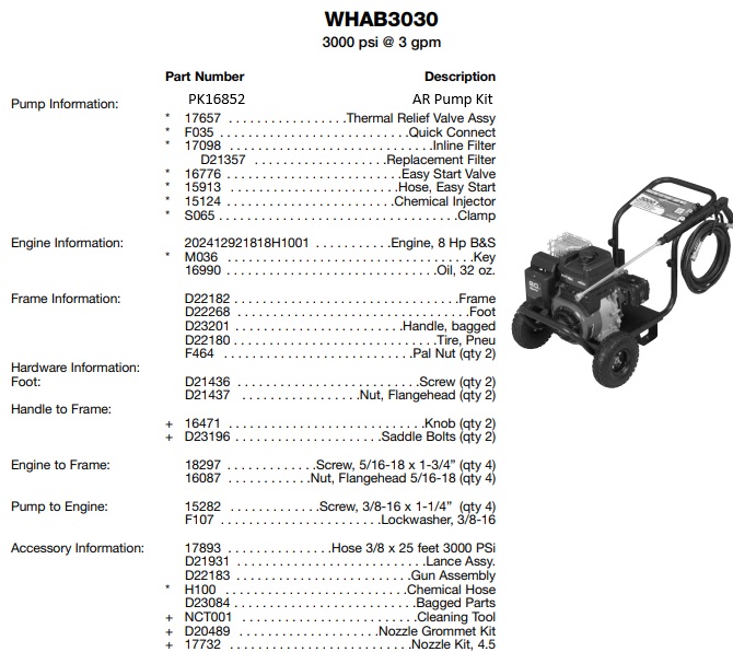 WATER DRIVER WHAB3030 PRESSURE WASHER REPLACEMENT PARTS